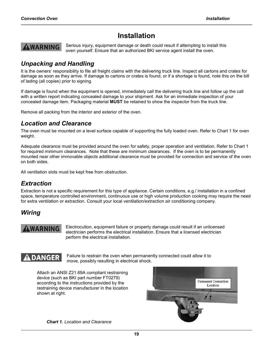 Installation, Unpacking and handling, Location and clearance | Extraction, Wiring | BKI COq Convection Oven User Manual | Page 21 / 48