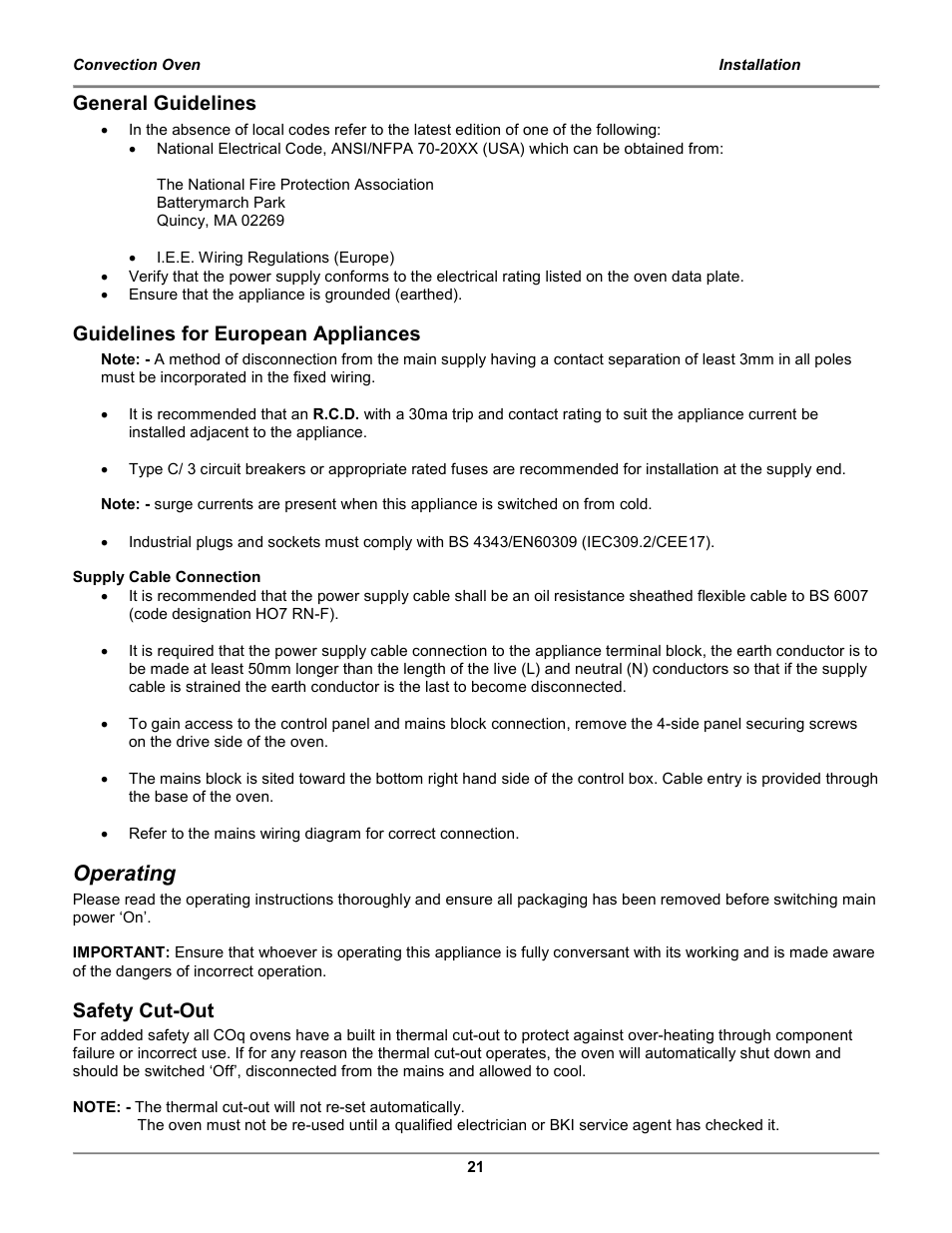 Operating, General guidelines, Guidelines for european appliances | Safety cut-out | BKI COq Convection Oven User Manual | Page 23 / 48