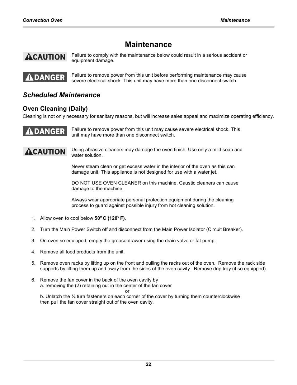Maintenance, Scheduled maintenance, Oven cleaning (daily) | BKI COq Convection Oven User Manual | Page 24 / 48