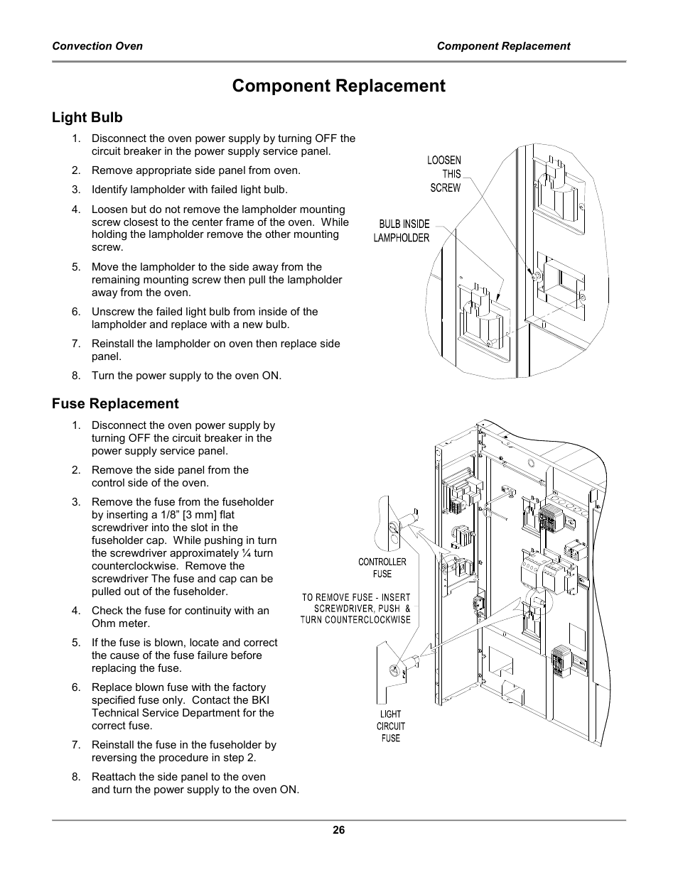 Component replacement, Light bulb, Fuse replacement | BKI COq Convection Oven User Manual | Page 28 / 48