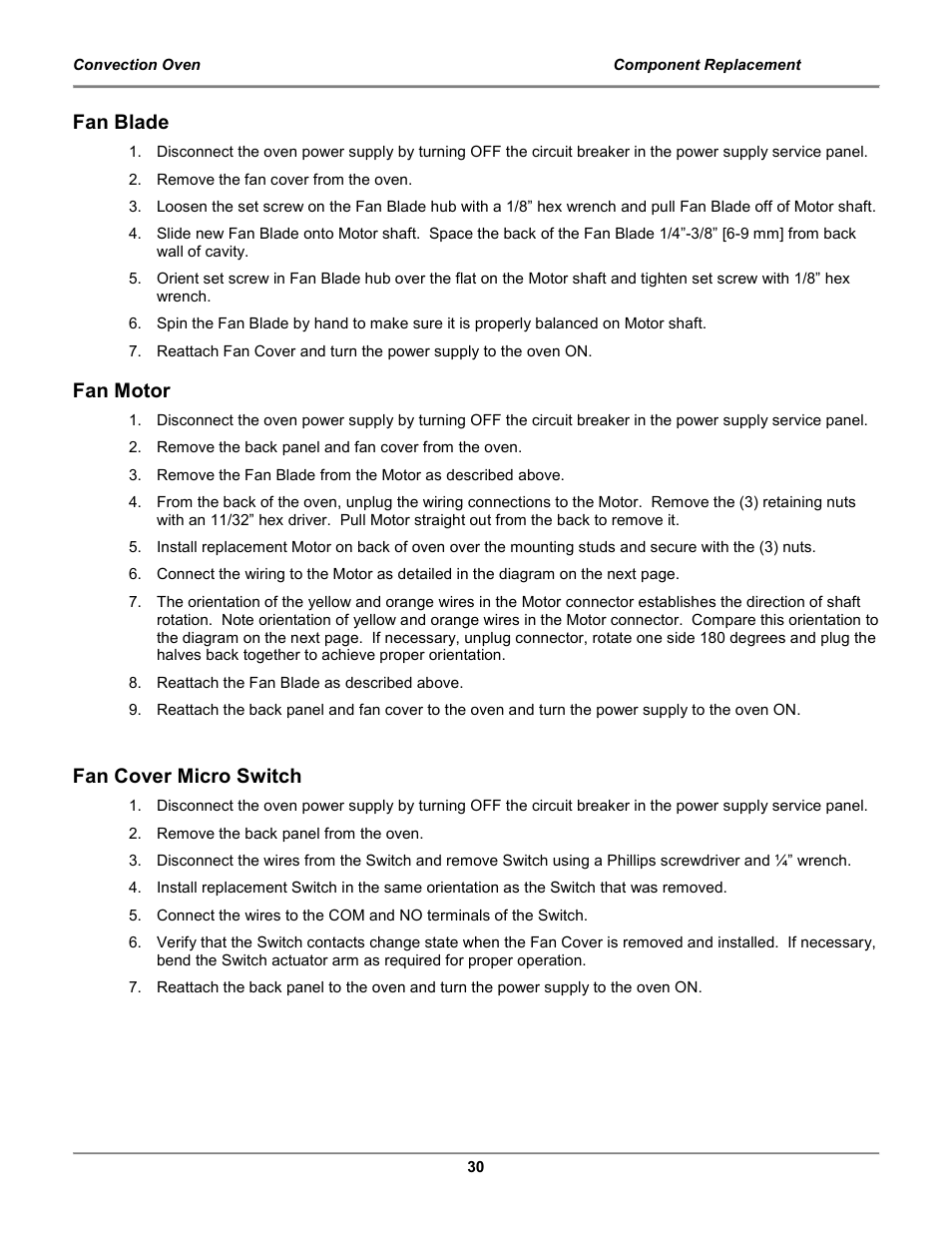 Fan blade, Fan motor, Fan cover micro switch | BKI COq Convection Oven User Manual | Page 32 / 48