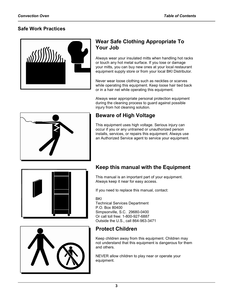 Wear safe clothing appropriate to your job, Beware of high voltage, Keep this manual with the equipment | Protect children | BKI COq Convection Oven User Manual | Page 5 / 48