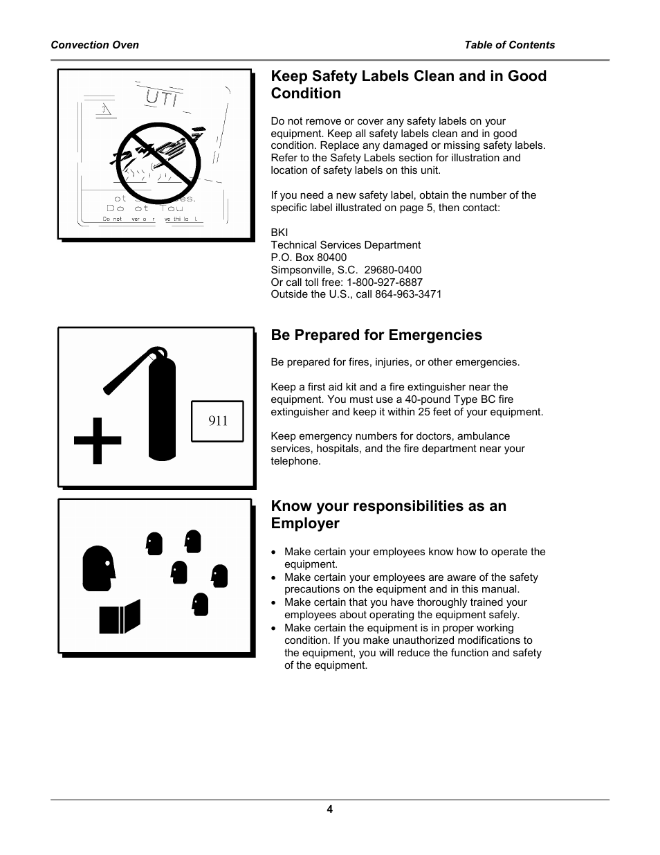 Keep safety labels clean and in good condition, Be prepared for emergencies, Know your responsibilities as an employer | BKI COq Convection Oven User Manual | Page 6 / 48