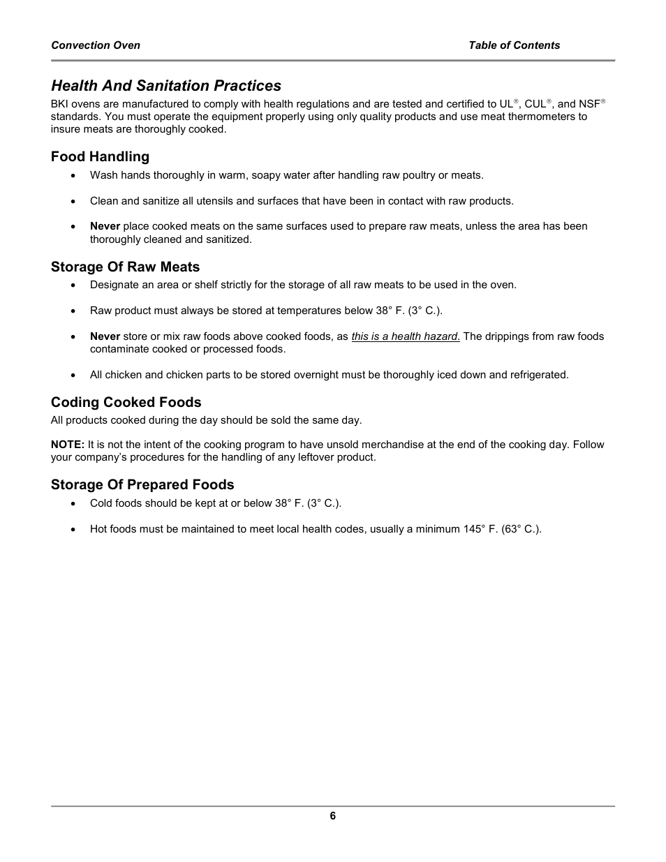 Health and sanitation practices, Food handling, Storage of raw meats | Coding cooked foods, Storage of prepared foods | BKI COq Convection Oven User Manual | Page 8 / 48