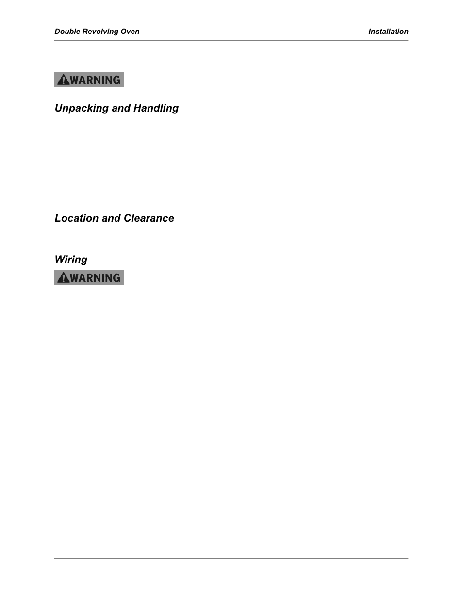 Installation, Unpacking and handling, Location and clearance | Wiring | BKI DR-34 Double Revolving Oven User Manual | Page 13 / 20