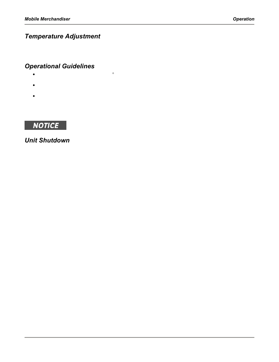 Temperature adjustment, Operational guidelines, Unit shutdown | BKI MM6 Mobile Merchandiser User Manual | Page 8 / 12