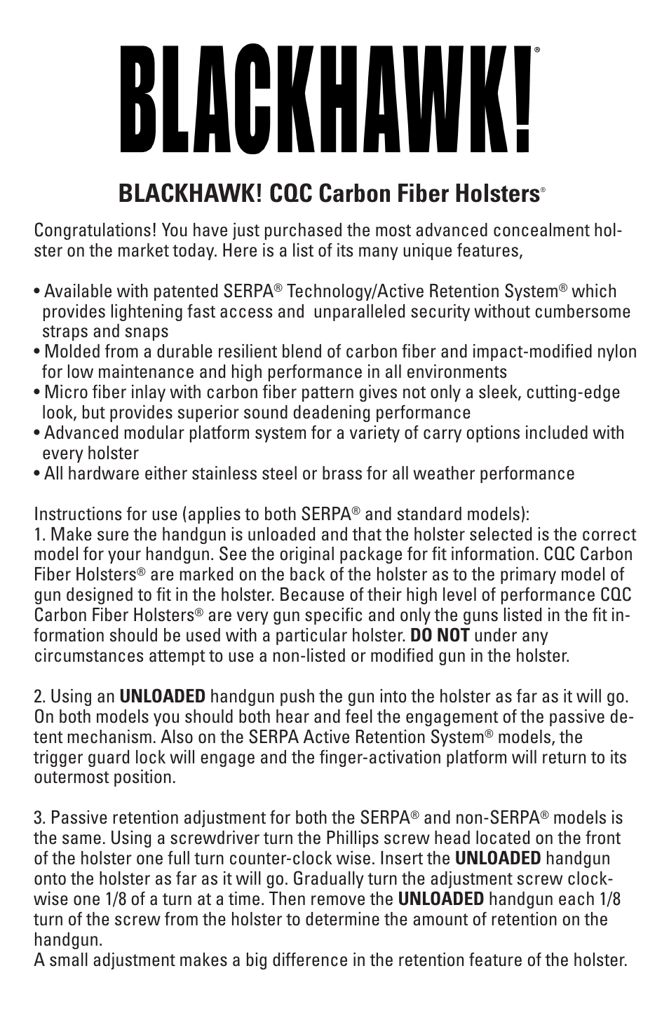 BLACKHAWK! CQC Carbon Fiber Holsters User Manual | 4 pages