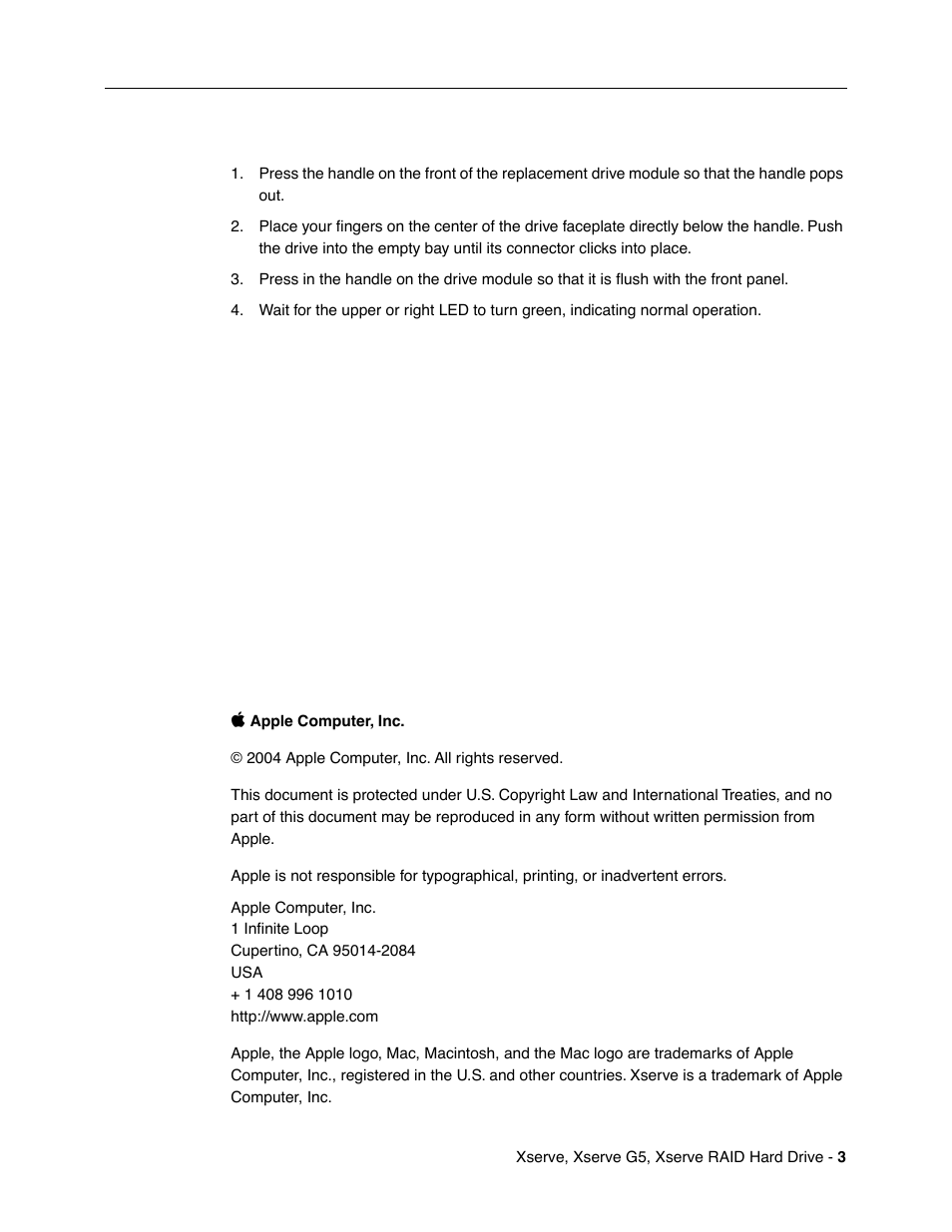 Installing the replacement hard drive | Apple Xserve (Hard Drive Replacement) User Manual | Page 3 / 3