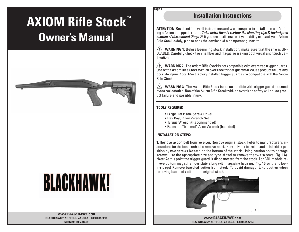 BLACKHAWK! AXIOM U/L RIFLE STOCK CAMO FINISH User Manual | 6 pages