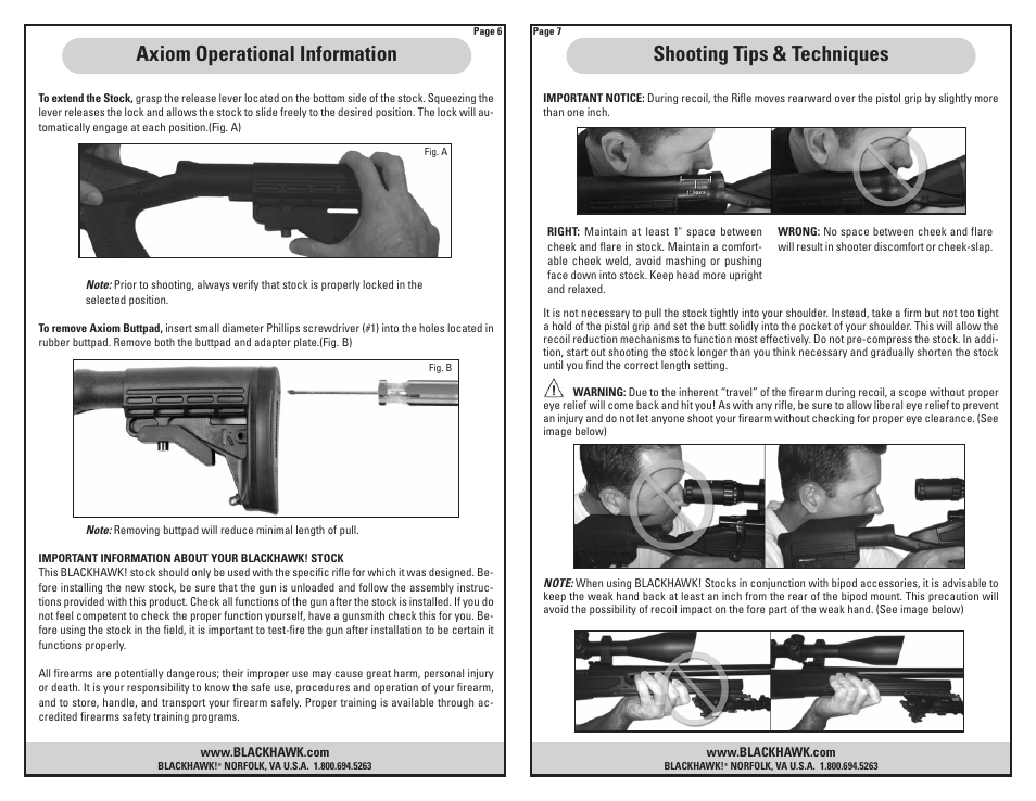 Axiom operational information, Shooting tips & techniques | BLACKHAWK! AXIOM U/L RIFLE STOCK CAMO FINISH User Manual | Page 4 / 6