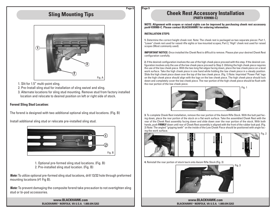 Sling mounting tips, Cheek rest accessory installation | BLACKHAWK! AXIOM U/L RIFLE STOCK CAMO FINISH User Manual | Page 5 / 6