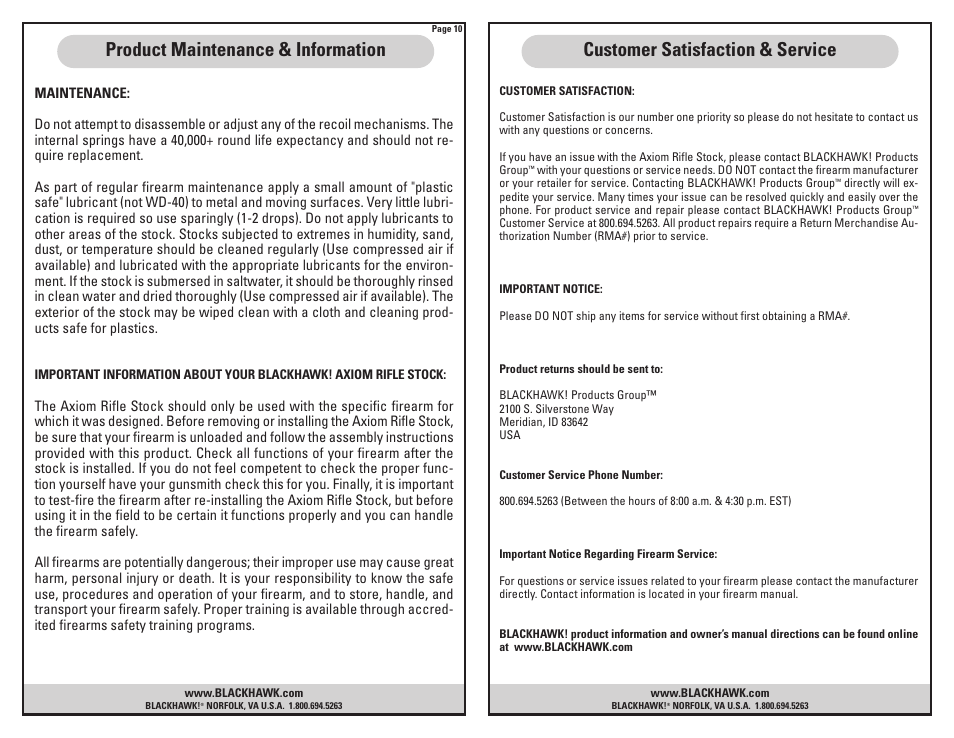 Product maintenance & information, Customer satisfaction & service | BLACKHAWK! AXIOM U/L RIFLE STOCK CAMO FINISH User Manual | Page 6 / 6