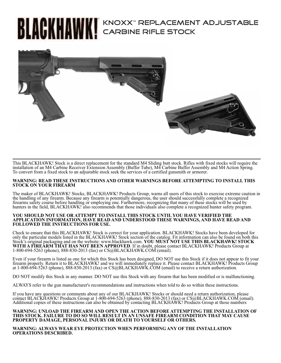 BLACKHAWK! ADJUSTABLE CARBINE RIFLE BUTTSTOCK User Manual | 2 pages