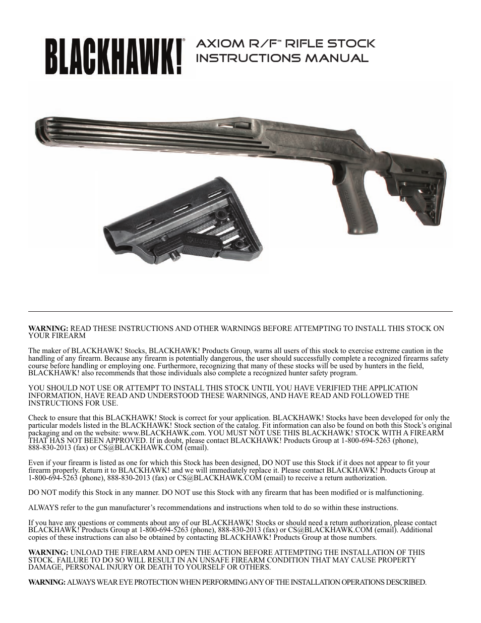 Axiom r/f, Rifle stock instructions manual | BLACKHAWK! AXIOM R/F RIFLE STOCK User Manual | Page 2 / 2