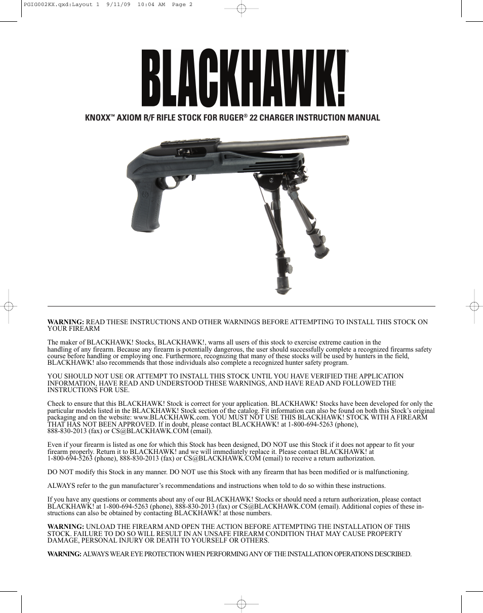 BLACKHAWK! AXIOM RUGER 10/22 RIFLE STOCK User Manual | 2 pages