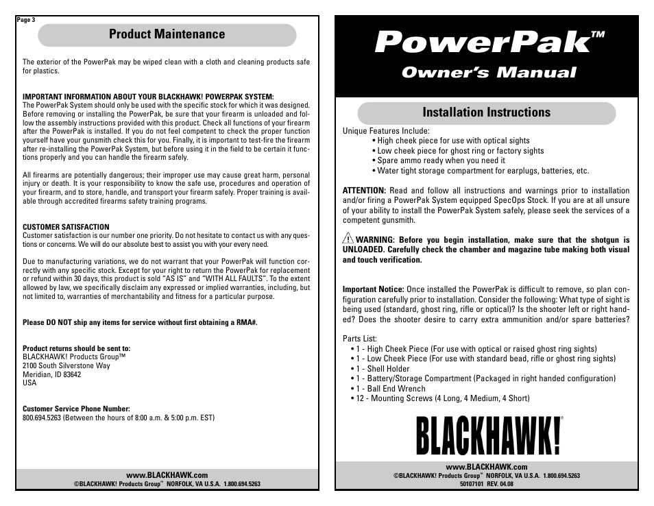 Powerpak, Owner’s manual, Installation instructions | Product maintenance installation instructions | BLACKHAWK! POWERPAK MODULAR CHEEK PIECE User Manual | Page 4 / 4