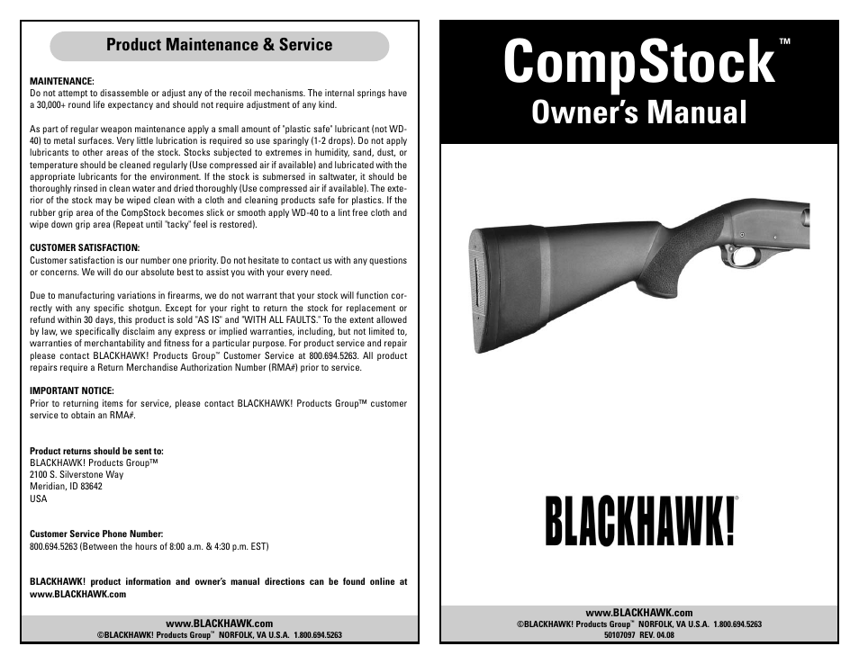 Compstock, Owner’s manual, Product maintenance & service | BLACKHAWK! COMPSTOCK SHOTGUN STOCK User Manual | Page 8 / 8