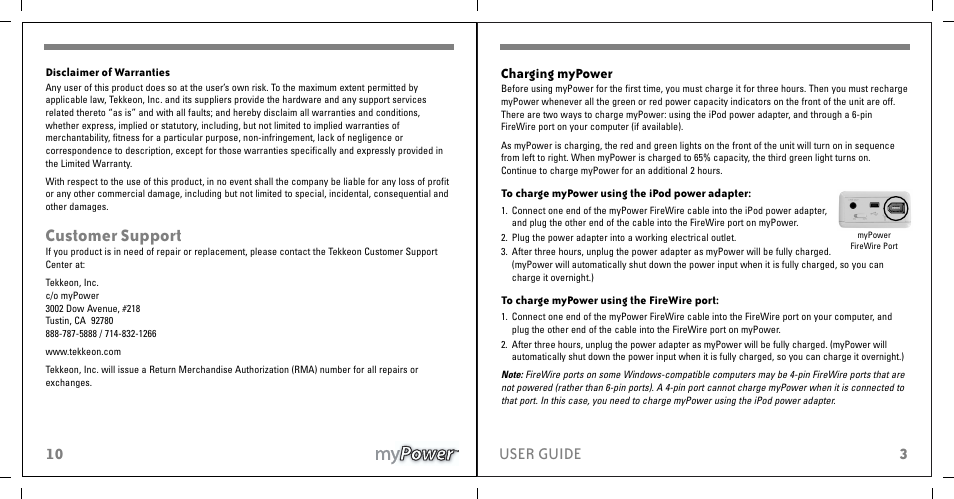 Customer support, Overview, Getting started | 11 user guide 10, 3user guide, Charging mypower | Tekkeon MP1100 User Manual | Page 5 / 8