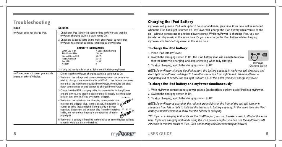 Troubleshooting, Limited warranty, Using mypower | 9user guide, 5user guide, Charging the ipod battery, Placing ipod into mypower | Tekkeon MP1100 User Manual | Page 7 / 8