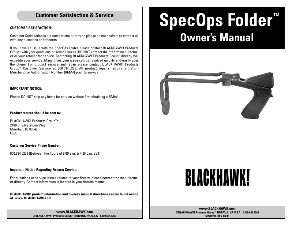 Specops folder, Owner’s manual, Customer satisfaction & service | BLACKHAWK! SPECOPS FOLDER SHOTGUN STOCK User Manual | Page 8 / 8