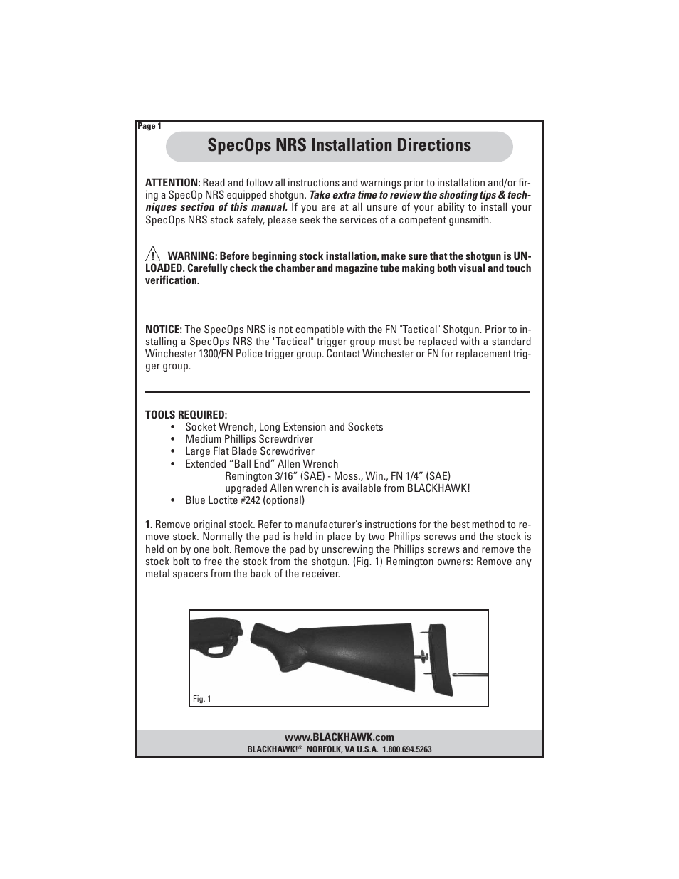 Specops nrs installation directions | BLACKHAWK! SPECOPS NRS SHOTGUN STOCK User Manual | Page 2 / 8