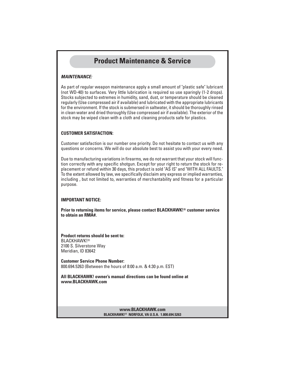 Product maintenance & service | BLACKHAWK! SPECOPS NRS SHOTGUN STOCK User Manual | Page 8 / 8