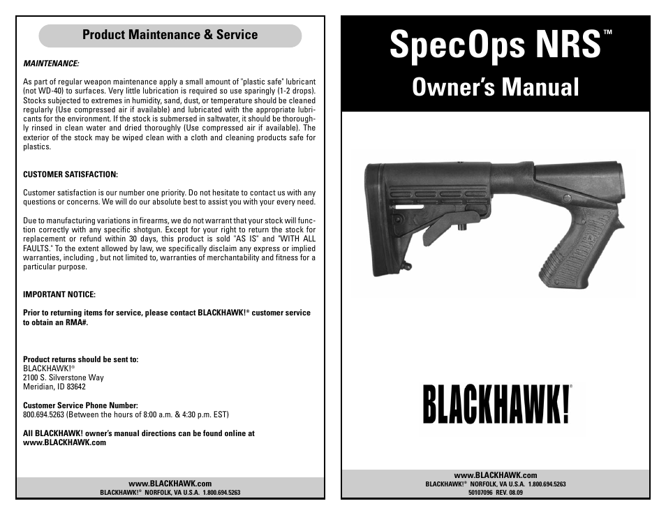 BLACKHAWK! SPECOPS NRS SHOTGUN STOCK User Manual | 4 pages