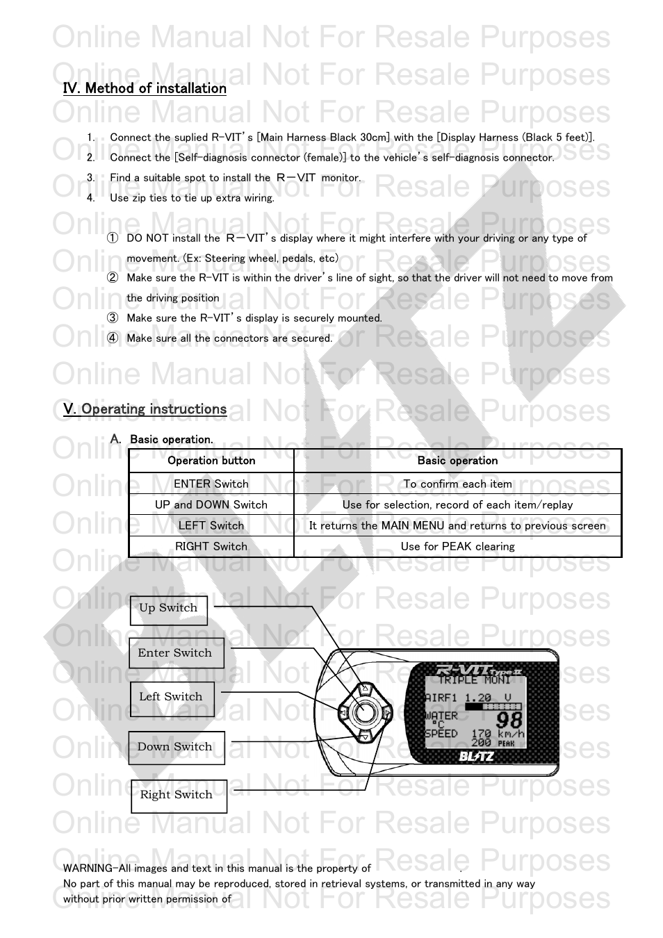 Iv. method of installation, Operation button, Basic operation | Online manual not for resale purposes | BLITZ R-VIT Type 1 User Manual | Page 7 / 29