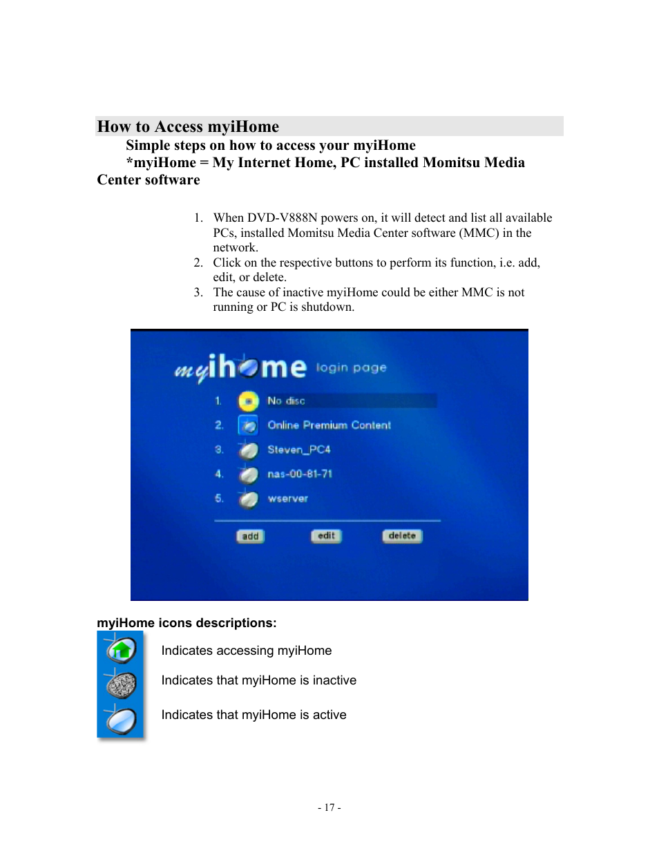 How to access myihome | MOMITSU V888N User Manual | Page 18 / 65