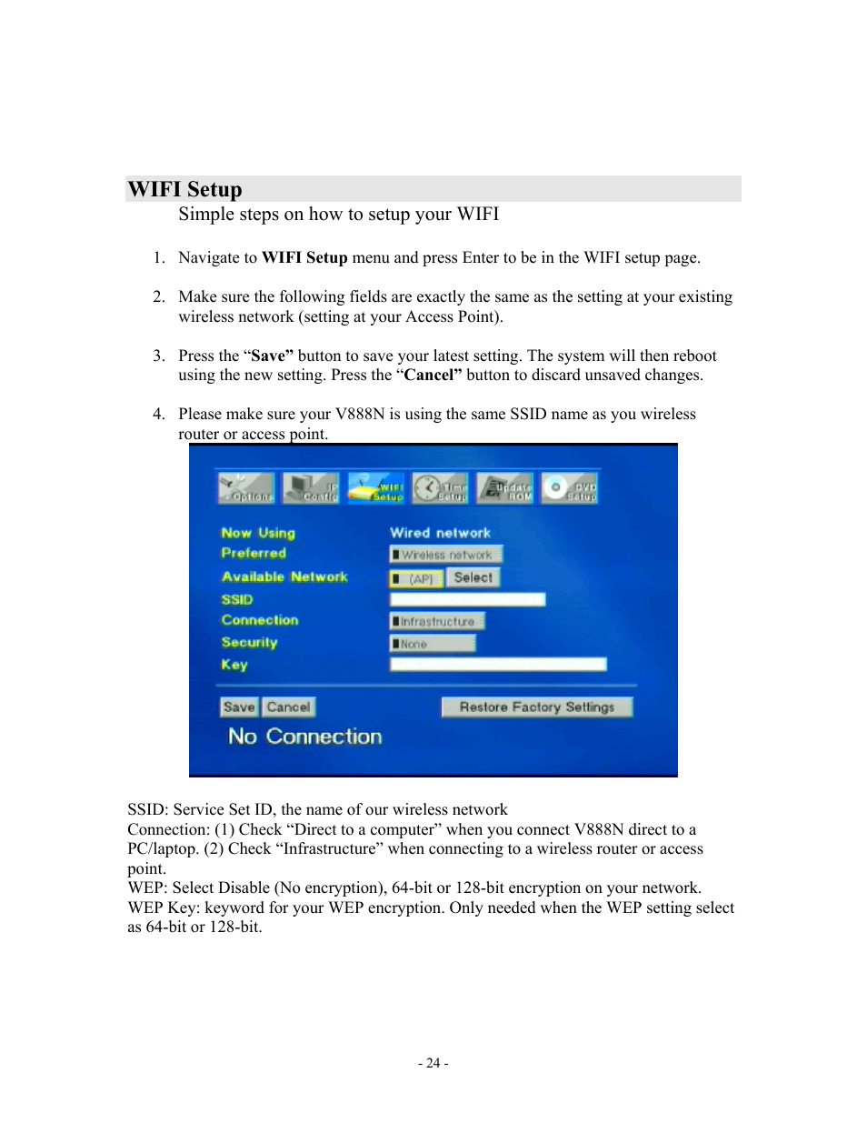 Wifi setup | MOMITSU V888N User Manual | Page 25 / 65
