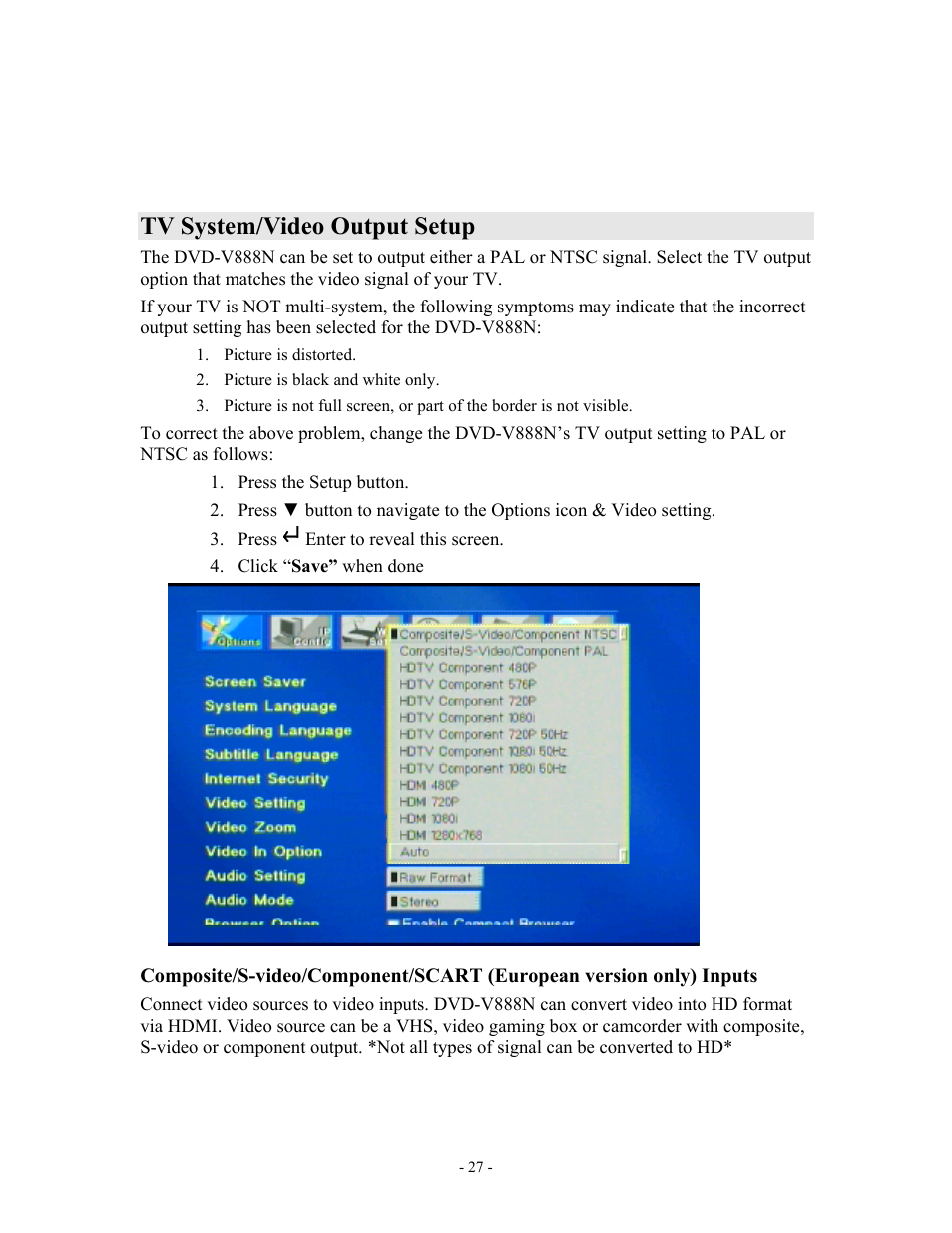 Tv system/video output setup | MOMITSU V888N User Manual | Page 28 / 65