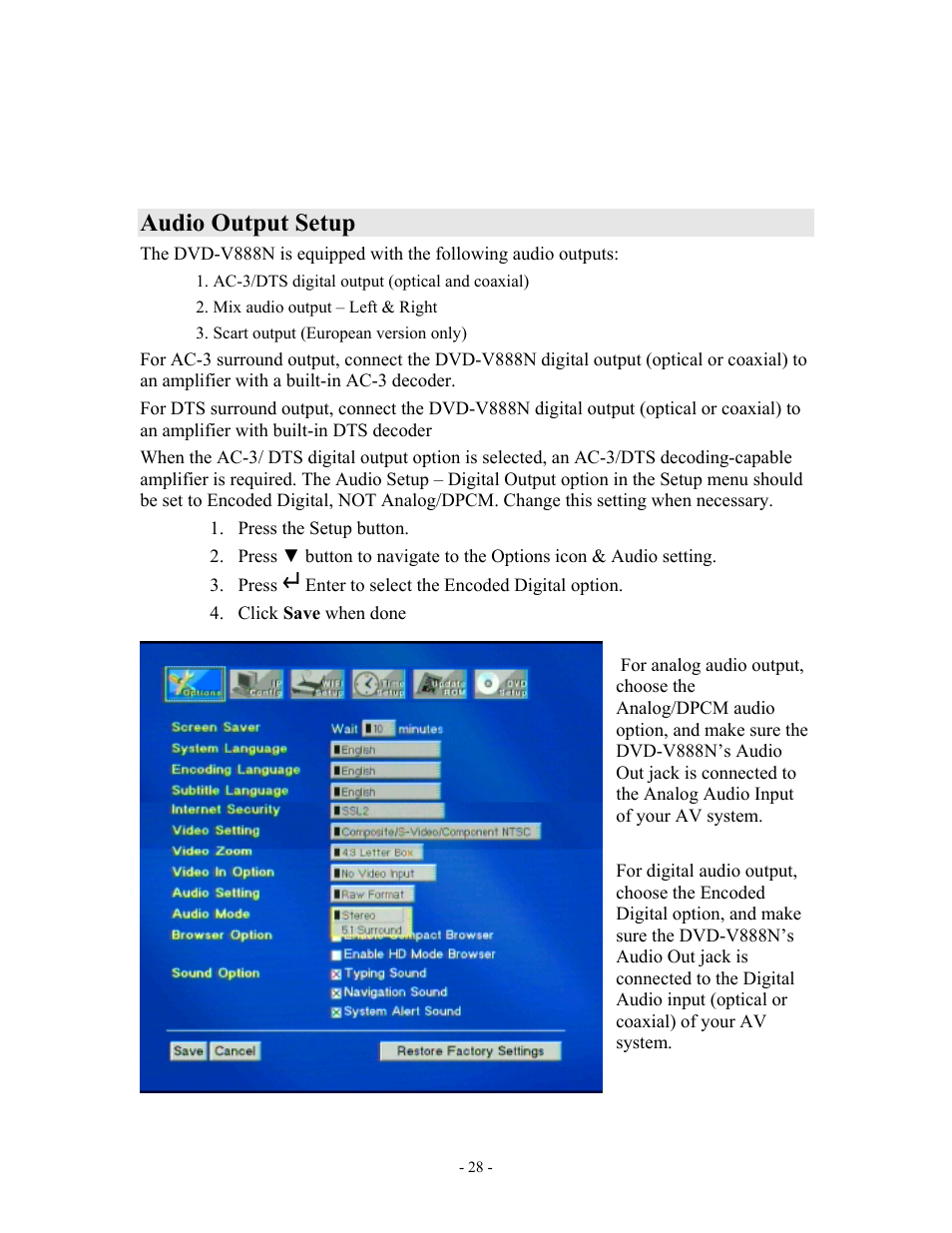 Audio output setup | MOMITSU V888N User Manual | Page 29 / 65