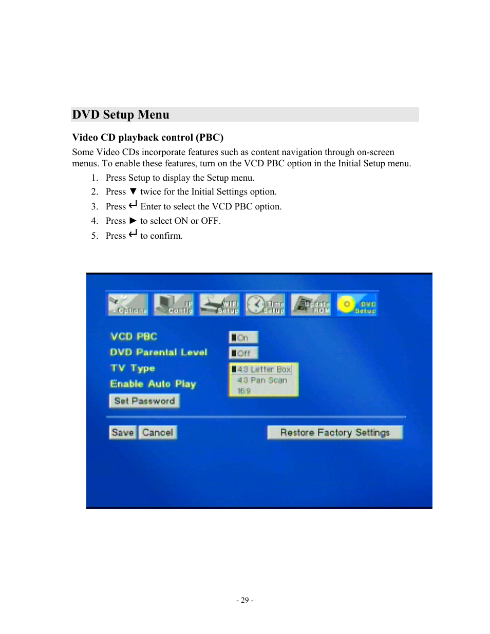 Dvd setup menu | MOMITSU V888N User Manual | Page 30 / 65