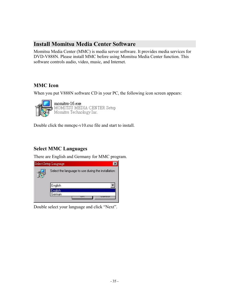 Install momitsu media center software | MOMITSU V888N User Manual | Page 36 / 65