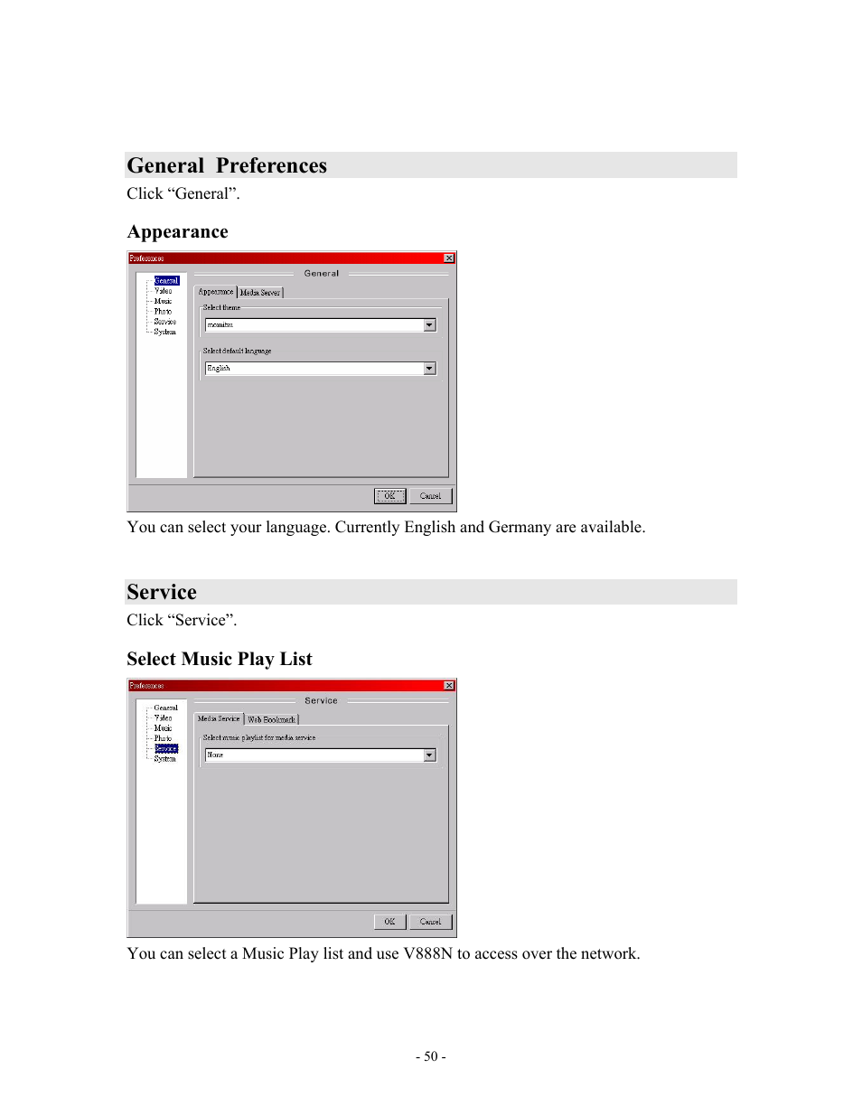 General preferences, Service | MOMITSU V888N User Manual | Page 51 / 65