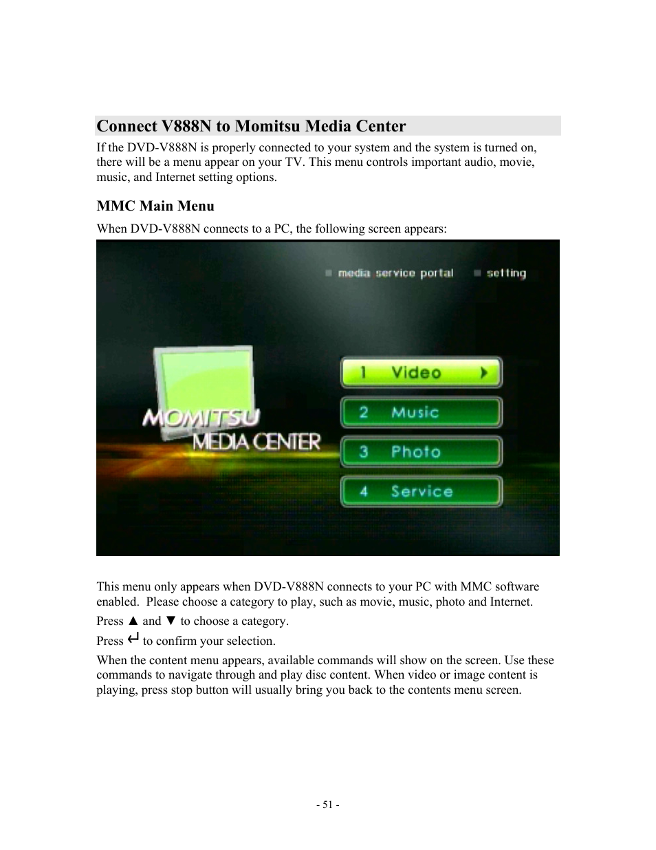 Connect v888n to momitsu media center | MOMITSU V888N User Manual | Page 52 / 65