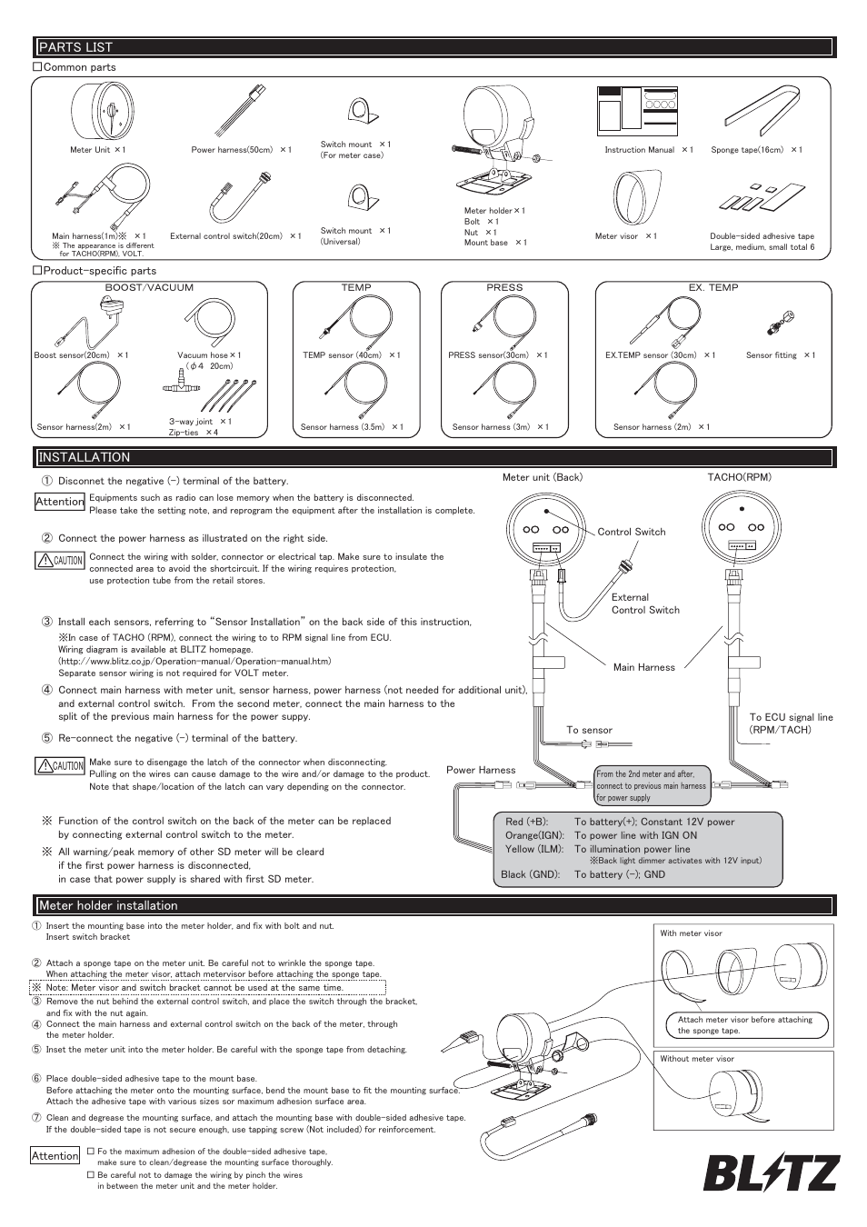 Sd meter1-2 eng (parts list-installation).pdf, Parts list, Installation | Meter holder installation | BLITZ SD Meters User Manual | Page 2 / 4