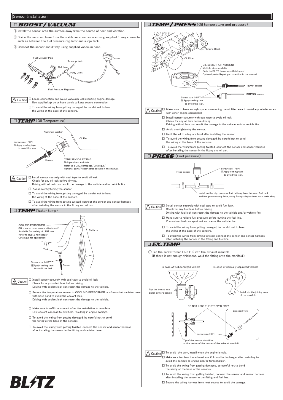Sd meter1-3 eng(installatiojn).pdf, Sensor installation, Caution | Oil temperature and pressure） caution | BLITZ SD Meters User Manual | Page 3 / 4