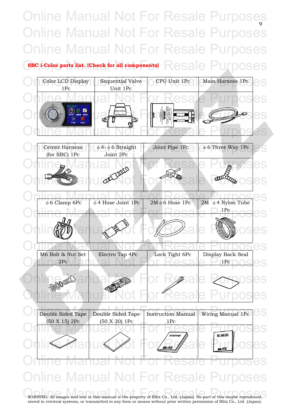 Sbc i-color parts list. (check for all components), Online manual not for resale purposes | BLITZ SBC i-Color User Manual | Page 10 / 42