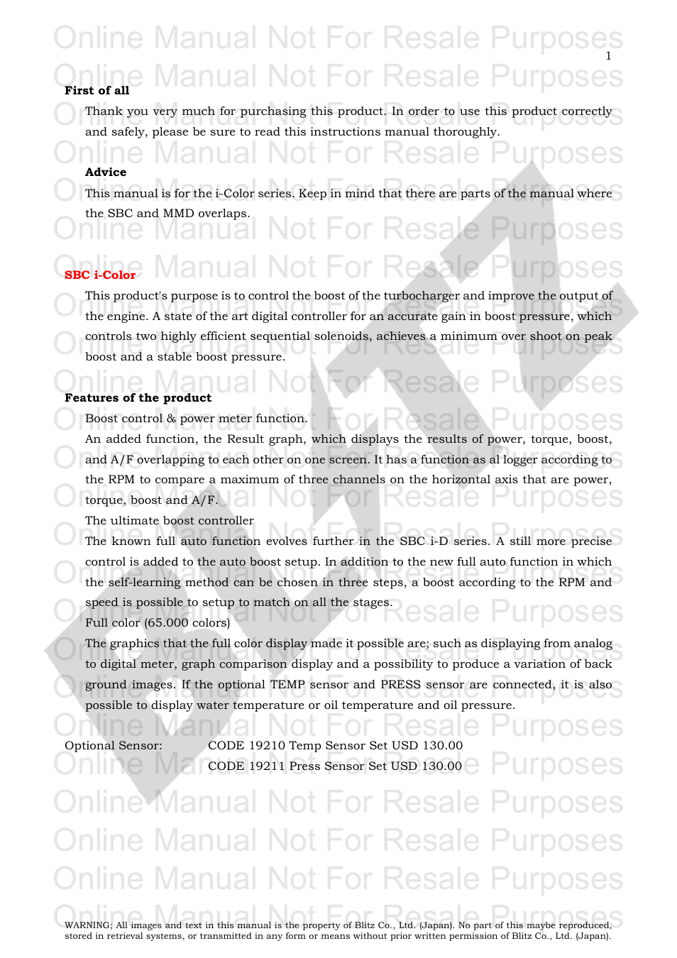First of all, Advice, Sbc i-color | Features of the product, Online manual not for resale purposes | BLITZ SBC i-Color User Manual | Page 2 / 42