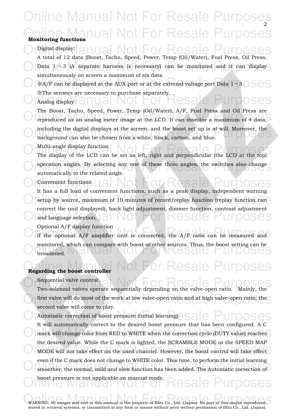 Monitoring functions, Regarding the boost controller, Online manual not for resale purposes | BLITZ SBC i-Color User Manual | Page 3 / 42