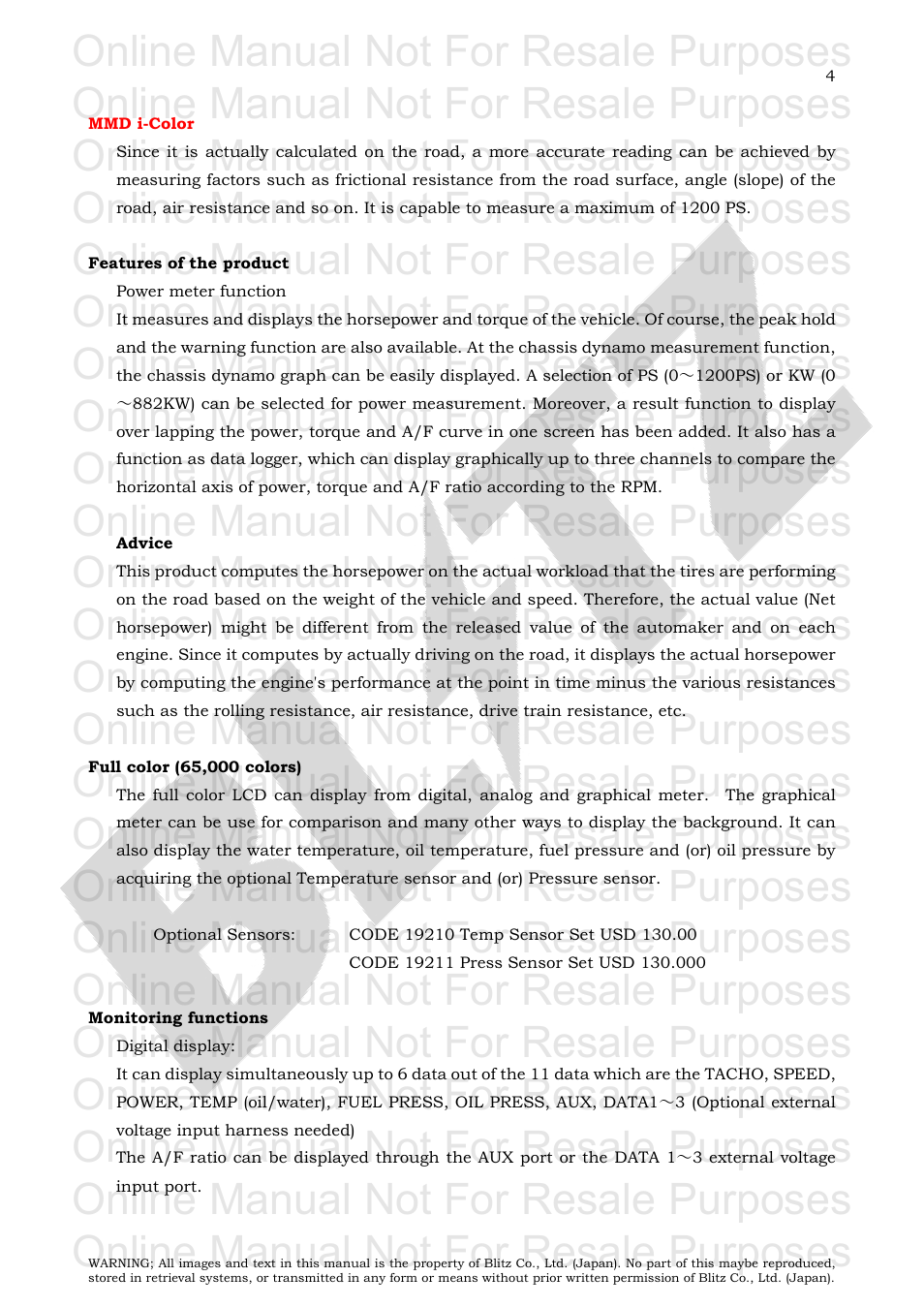 Mmd i-color, Features of the product, Advice | Monitoring functions, Online manual not for resale purposes | BLITZ SBC i-Color User Manual | Page 5 / 42