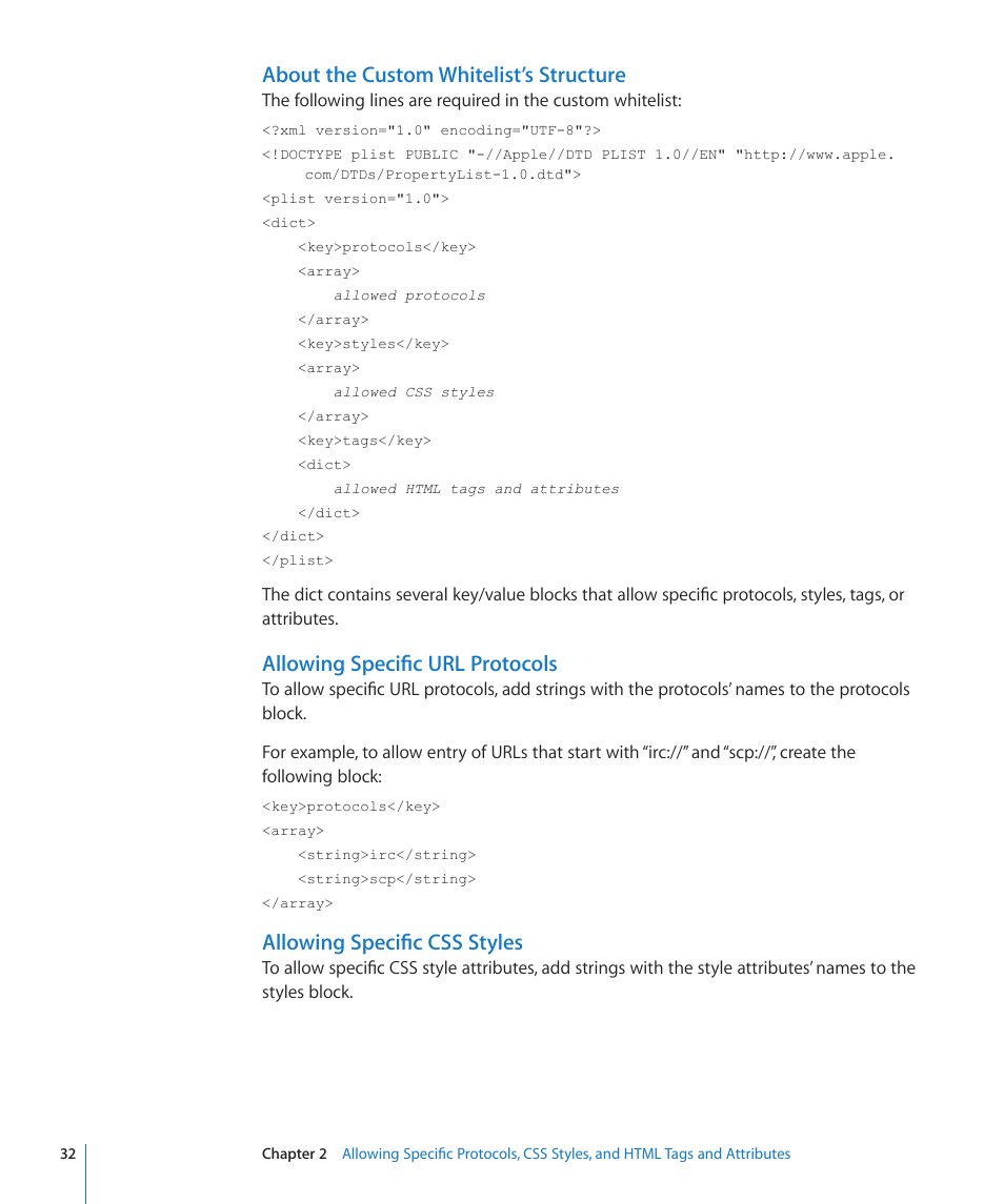 About the custom whitelist’s structure, Allowing specific url protocols, Allowing specific css styles | Apple Mac OS X Server (Extending Your Wiki Server For Version 10.5 Leopard) User Manual | Page 32 / 45