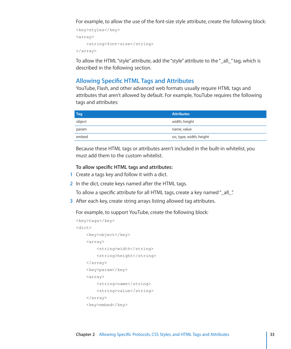 Allowing specific html tags and attributes | Apple Mac OS X Server (Extending Your Wiki Server For Version 10.5 Leopard) User Manual | Page 33 / 45