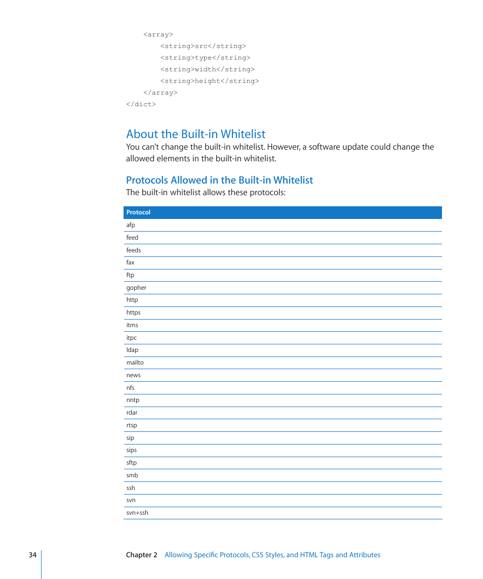 About the built-in whitelist, Protocols allowed in the built-in whitelist, 34 about the built-in whitelist 34 | Apple Mac OS X Server (Extending Your Wiki Server For Version 10.5 Leopard) User Manual | Page 34 / 45