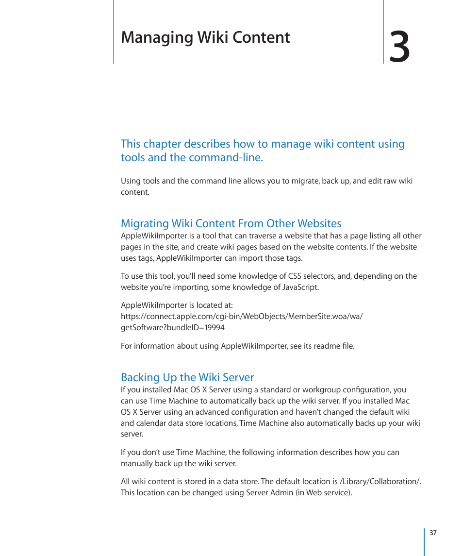 Managing wiki content, Migrating wiki content from other websites, Backing up the wiki server | Chapter 3: managing wiki content | Apple Mac OS X Server (Extending Your Wiki Server For Version 10.5 Leopard) User Manual | Page 37 / 45