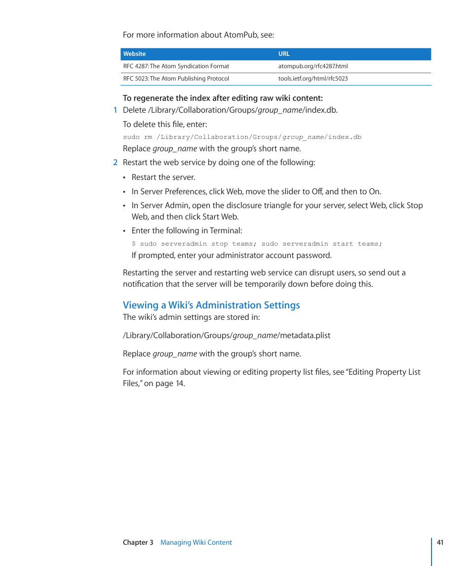 Viewing a wiki’s administration settings | Apple Mac OS X Server (Extending Your Wiki Server For Version 10.5 Leopard) User Manual | Page 41 / 45
