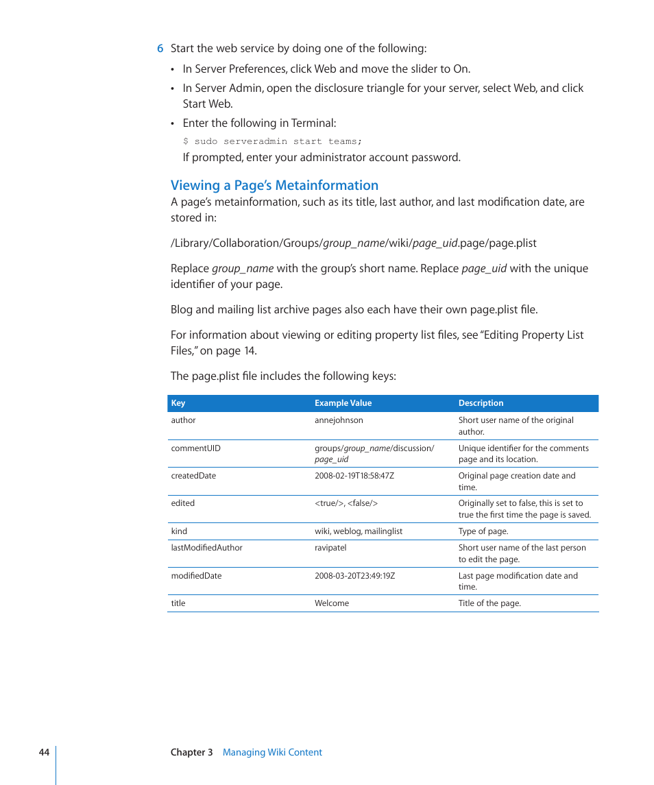Viewing a page’s metainformation | Apple Mac OS X Server (Extending Your Wiki Server For Version 10.5 Leopard) User Manual | Page 44 / 45