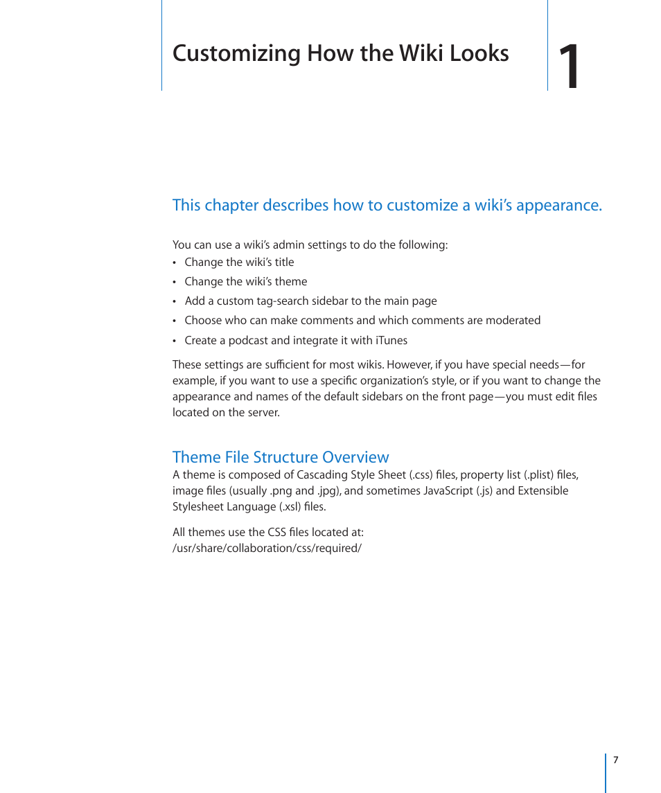Customizing how the wiki looks, Theme file structure overview, Chapter 1: customizing how the wiki looks | Apple Mac OS X Server (Extending Your Wiki Server For Version 10.5 Leopard) User Manual | Page 7 / 45