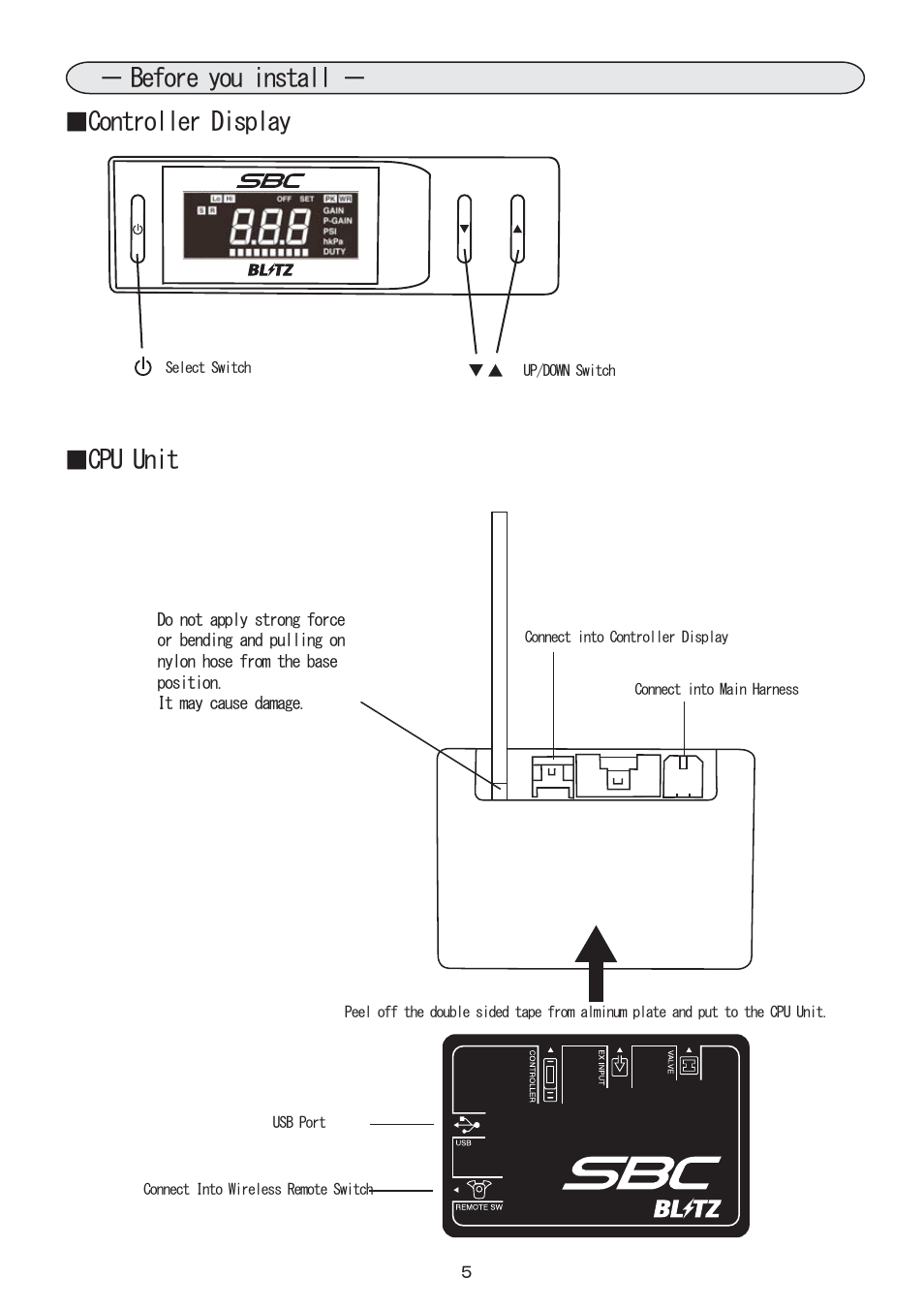 5_お取り付け前に, Before you install － ■controller display, Cpu unit | BLITZ SBC Type-S & R User Manual | Page 6 / 18